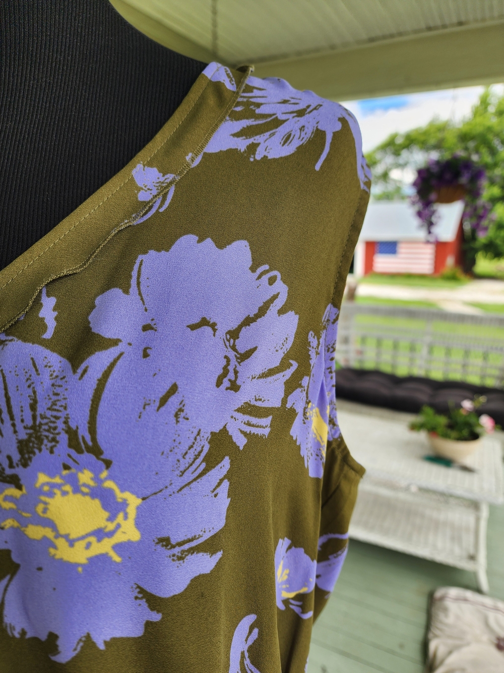 CAbi Olive Green Tank with Lavender Floral Print